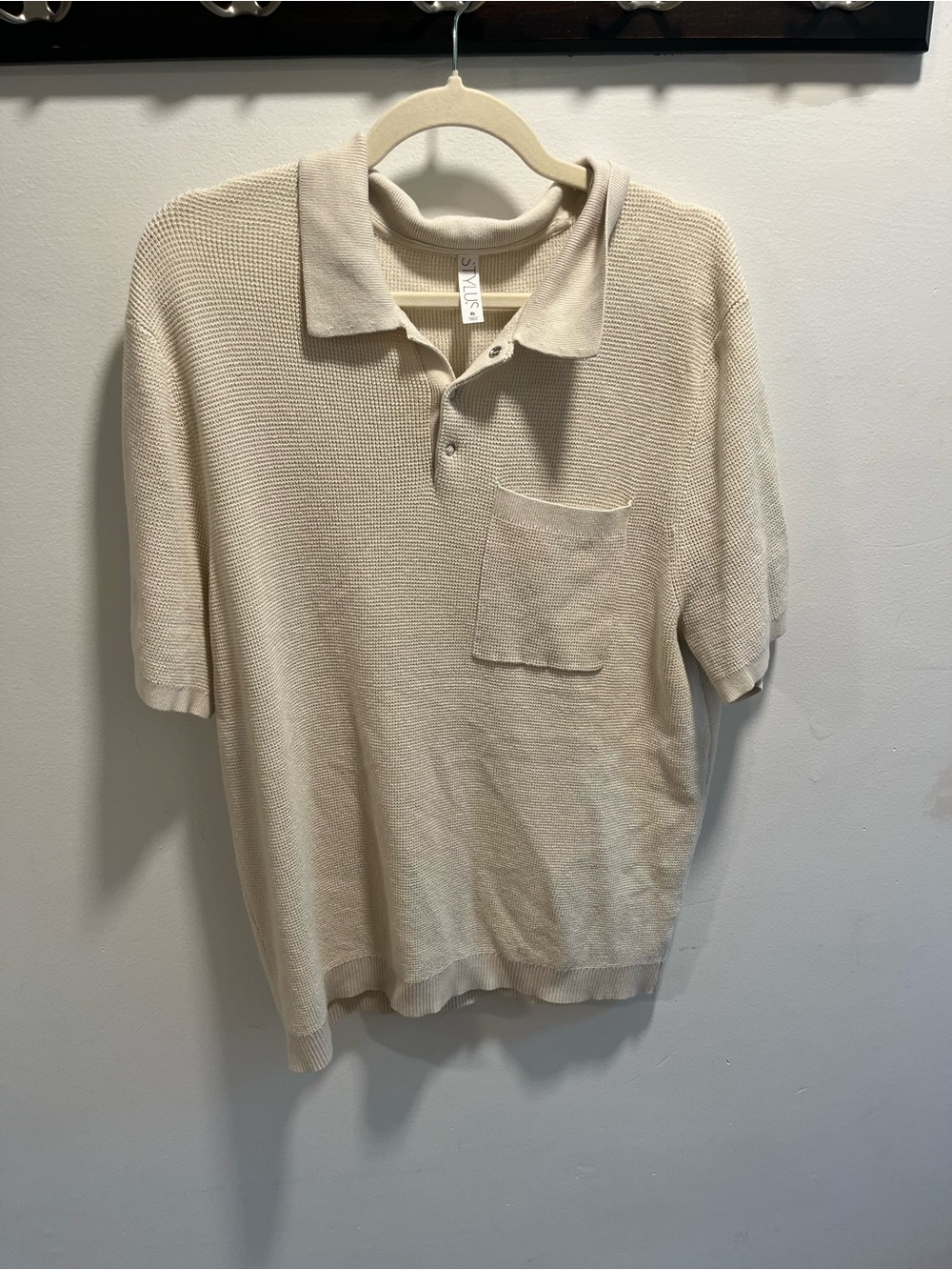 STYLUS Men's Knit Polo in Light Cream with Chest Pocket